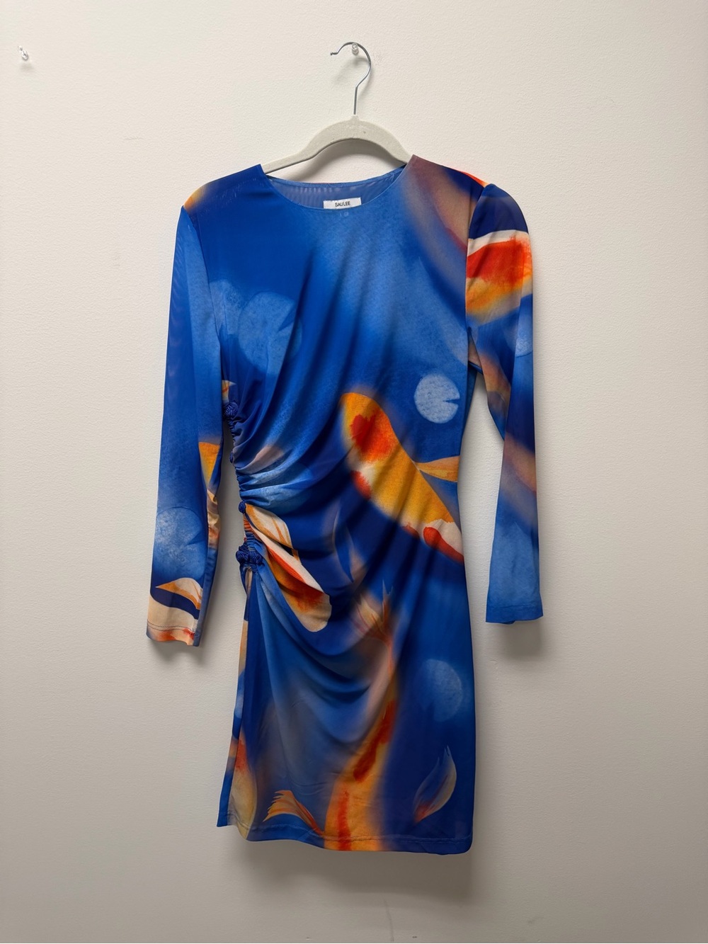 Blue Abstract Ruched Mini Dress with Orange Accents